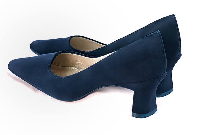 Navy blue women's dress pumps,with a square neckline. Tapered toe. Medium spool heels. Rear view - Florence KOOIJMAN